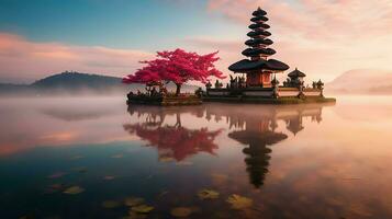 Ancient pura ulun danu bratan, besakih or famous hindu temple and tourist in bali island at sunrise concept by AI Generated photo