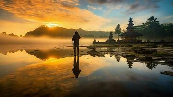 Ancient pura ulun danu bratan, besakih or famous hindu temple and tourist in bali island at sunrise concept by AI Generated photo