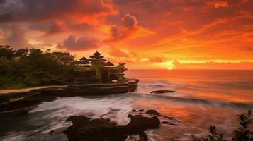 Ancient pura ulun danu bratan, besakih or famous hindu temple and tourist in bali island at sunrise concept by AI Generated photo