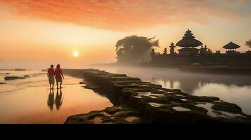 antiguo pura ulun danu bratán, besakih o famoso hindú templo y turista en bali isla a amanecer concepto por ai generado foto