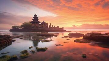 Ancient pura ulun danu bratan, besakih or famous hindu temple and tourist in bali island at sunrise concept by AI Generated photo