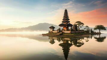 antiguo pura ulun danu bratán, besakih o famoso hindú templo y turista en bali isla a amanecer concepto por ai generado foto