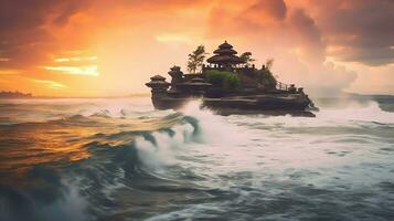 Ancient pura ulun danu bratan, besakih or famous hindu temple and tourist in bali island at sunrise concept by AI Generated photo