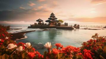 Ancient pura ulun danu bratan, besakih or famous hindu temple and tourist in bali island at sunrise concept by AI Generated photo