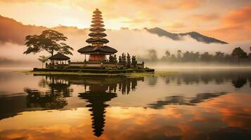 Ancient pura ulun danu bratan, besakih or famous hindu temple and tourist in bali island at sunrise concept by AI Generated photo