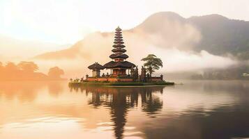 Ancient pura ulun danu bratan, besakih or famous hindu temple and tourist in bali island at sunrise concept by AI Generated photo