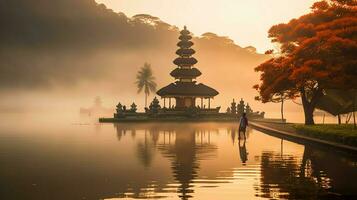 Ancient pura ulun danu bratan, besakih or famous hindu temple and tourist in bali island at sunrise concept by AI Generated photo