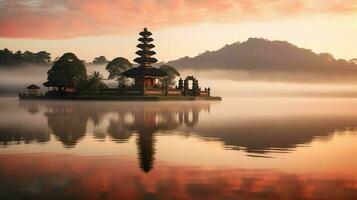 Ancient pura ulun danu bratan, besakih or famous hindu temple and tourist in bali island at sunrise concept by AI Generated photo