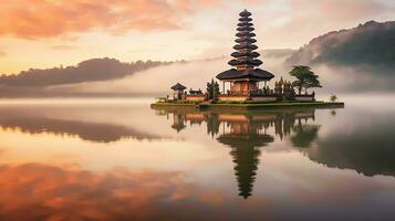 Ancient pura ulun danu bratan, besakih or famous hindu temple and tourist in bali island at sunrise concept by AI Generated photo