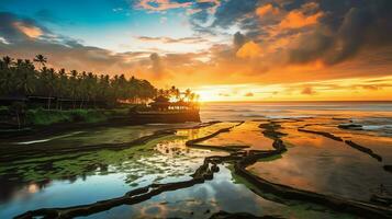 Ancient pura ulun danu bratan, besakih or famous hindu temple and tourist in bali island at sunrise concept by AI Generated photo