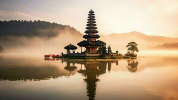 antiguo pura ulun danu bratán, besakih o famoso hindú templo y turista en bali isla a amanecer concepto por ai generado foto