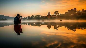 Ancient pura ulun danu bratan, besakih or famous hindu temple and tourist in bali island at sunrise concept by AI Generated photo