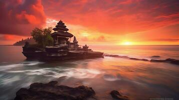 Ancient pura ulun danu bratan, besakih or famous hindu temple and tourist in bali island at sunrise concept by AI Generated photo