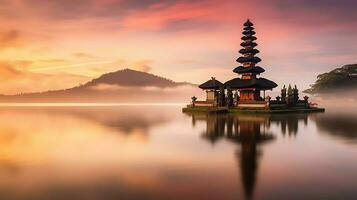 Ancient pura ulun danu bratan, besakih or famous hindu temple and tourist in bali island at sunrise concept by AI Generated photo