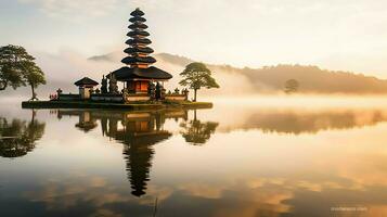 Ancient pura ulun danu bratan, besakih or famous hindu temple and tourist in bali island at sunrise concept by AI Generated photo