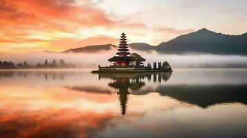 antiguo pura ulun danu bratán, besakih o famoso hindú templo y turista en bali isla a amanecer concepto por ai generado foto