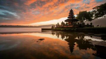 Ancient pura ulun danu bratan, besakih or famous hindu temple and tourist in bali island at sunrise concept by AI Generated photo