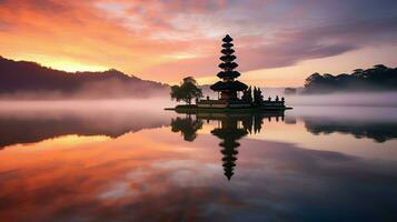 Ancient pura ulun danu bratan, besakih or famous hindu temple and tourist in bali island at sunrise concept by AI Generated photo