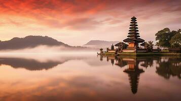 Ancient pura ulun danu bratan, besakih or famous hindu temple and tourist in bali island at sunrise concept by AI Generated photo