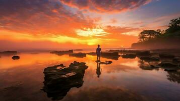 antiguo pura ulun danu bratán, besakih o famoso hindú templo y turista en bali isla a amanecer concepto por ai generado foto