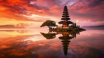 Ancient pura ulun danu bratan, besakih or famous hindu temple and tourist in bali island at sunrise concept by AI Generated photo