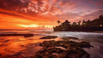 Ancient pura ulun danu bratan, besakih or famous hindu temple and tourist in bali island at sunrise concept by AI Generated photo