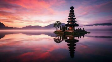 Ancient pura ulun danu bratan, besakih or famous hindu temple and tourist in bali island at sunrise concept by AI Generated photo