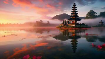 Ancient pura ulun danu bratan, besakih or famous hindu temple and tourist in bali island at sunrise concept by AI Generated photo