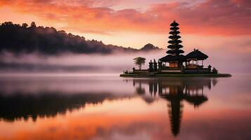 Ancient pura ulun danu bratan, besakih or famous hindu temple and tourist in bali island at sunrise concept by AI Generated photo