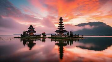 Ancient pura ulun danu bratan, besakih or famous hindu temple and tourist in bali island at sunrise concept by AI Generated photo