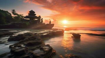 Ancient pura ulun danu bratan, besakih or famous hindu temple and tourist in bali island at sunrise concept by AI Generated photo