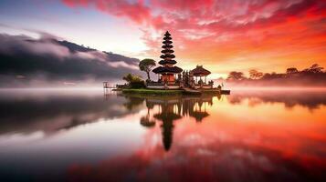 Ancient pura ulun danu bratan, besakih or famous hindu temple and tourist in bali island at sunrise concept by AI Generated photo