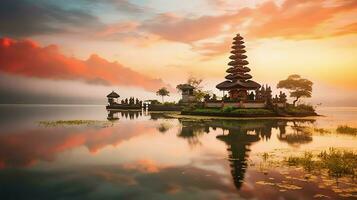 Ancient pura ulun danu bratan, besakih or famous hindu temple and tourist in bali island at sunrise concept by AI Generated photo