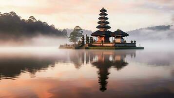 Ancient pura ulun danu bratan, besakih or famous hindu temple and tourist in bali island at sunrise concept by AI Generated photo