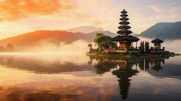 Ancient pura ulun danu bratan, besakih or famous hindu temple and tourist in bali island at sunrise concept by AI Generated photo