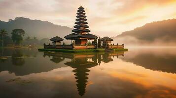 Ancient pura ulun danu bratan, besakih or famous hindu temple and tourist in bali island at sunrise concept by AI Generated photo