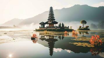 Ancient pura ulun danu bratan, besakih or famous hindu temple and tourist in bali island at sunrise concept by AI Generated photo