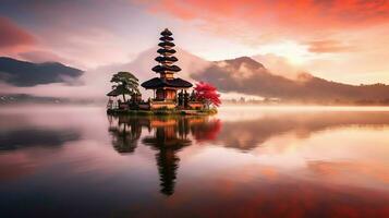 antiguo pura ulun danu bratán, besakih o famoso hindú templo y turista en bali isla a amanecer concepto por ai generado foto