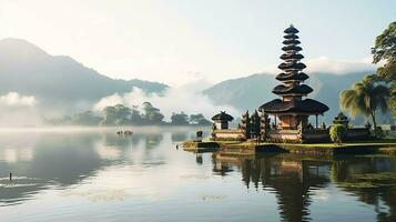 Ancient pura ulun danu bratan, besakih or famous hindu temple and tourist in bali island at sunrise concept by AI Generated photo