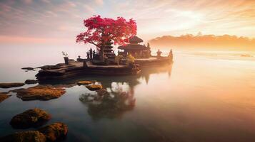 Ancient pura ulun danu bratan, besakih or famous hindu temple and tourist in bali island at sunrise concept by AI Generated photo