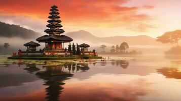 Ancient pura ulun danu bratan, besakih or famous hindu temple and tourist in bali island at sunrise concept by AI Generated photo