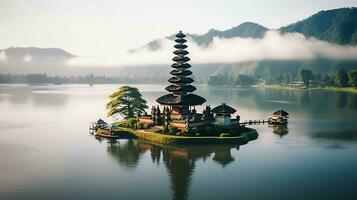 Ancient pura ulun danu bratan, besakih or famous hindu temple and tourist in bali island at sunrise concept by AI Generated photo