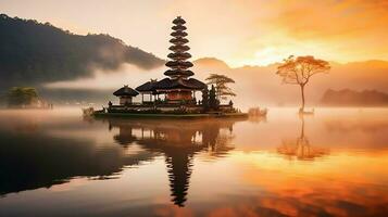 Ancient pura ulun danu bratan, besakih or famous hindu temple and tourist in bali island at sunrise concept by AI Generated photo