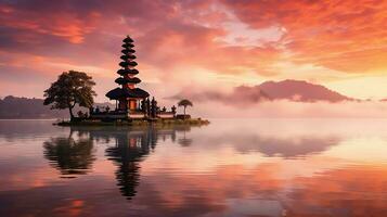 Ancient pura ulun danu bratan, besakih or famous hindu temple and tourist in bali island at sunrise concept by AI Generated photo