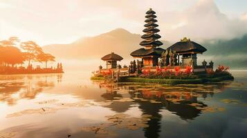 Ancient pura ulun danu bratan, besakih or famous hindu temple and tourist in bali island at sunrise concept by AI Generated photo