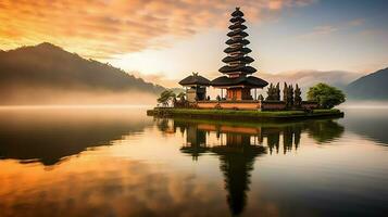 Ancient pura ulun danu bratan, besakih or famous hindu temple and tourist in bali island at sunrise concept by AI Generated photo