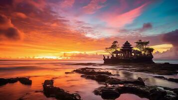 Ancient pura ulun danu bratan, besakih or famous hindu temple and tourist in bali island at sunrise concept by AI Generated photo