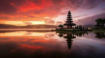 Ancient pura ulun danu bratan, besakih or famous hindu temple and tourist in bali island at sunrise concept by AI Generated photo