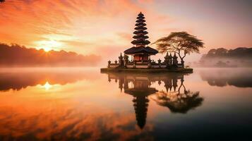 Ancient pura ulun danu bratan, besakih or famous hindu temple and tourist in bali island at sunrise concept by AI Generated photo