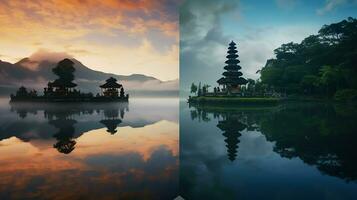 Ancient pura ulun danu bratan, besakih or famous hindu temple and tourist in bali island at sunrise concept by AI Generated photo